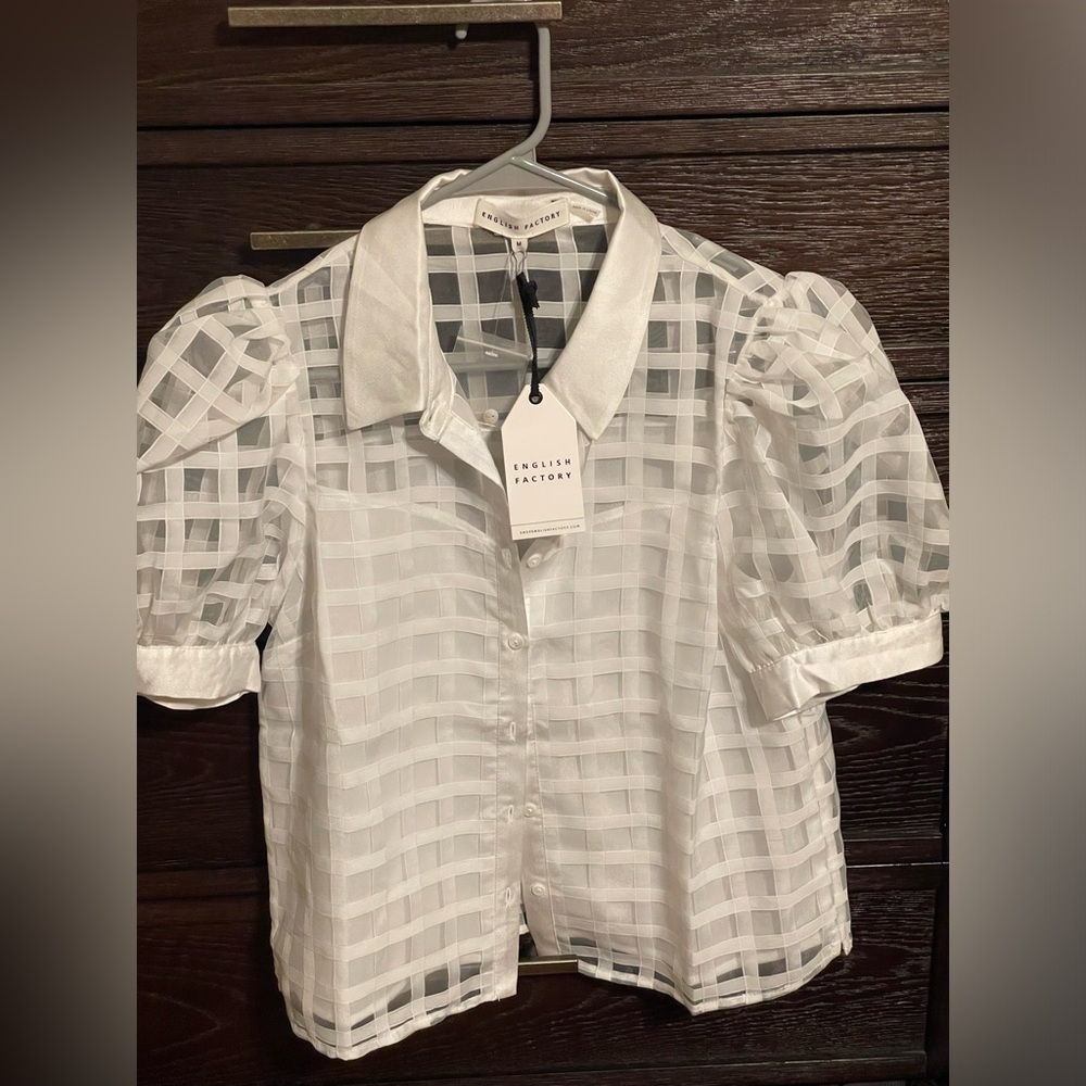 english factory white window pane short sleeve blouse size medium NWT